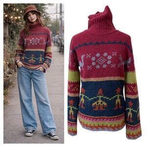 Vtg Alexander Italy Womens Turtleneck Peruvian Folk Art Knit Sweater Boho Art M